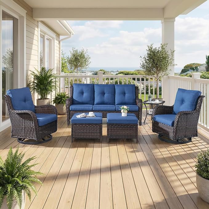 6 Piece Patio Furniture Set with Ottoman - All Weather Patio Conversation Set with 4 Inch Thick Cushions and Deep Seating Swivel Glider Chairs & Outdoor Couch for Porch Deck Yard Pool