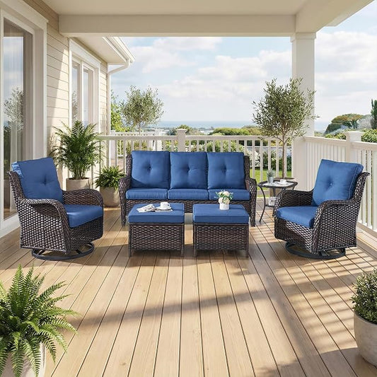 6 Piece Patio Furniture Set with Ottoman - All Weather Patio Conversation Set with 4 Inch Thick Cushions and Deep Seating Swivel Glider Chairs & Outdoor Couch for Porch Deck Yard Pool