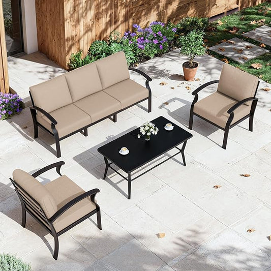 ALAULM Aluminum Patio Furniture Set with Coffee Table Rectangular，5-seat Outdoor Sectional Furniture w/5.1" Cushions，Patio Conversation Set for Porch, Backyard, Poolside-Sand