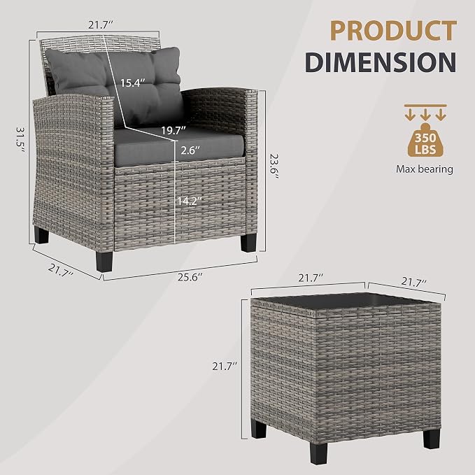 JAMFLY 3 Piece Wicker Patio Furniture Set - Outdoor Rattan Conversation Set with Soft Cushions & Glass Coffee Table for Balcony, Porch, Small Backyard - All Weather Grey Bistro Set, Grey