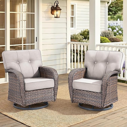 2-Piece Wicker Patio Furniture Set with 5-Inch Thick Cushions Weather Resistant Rattan High Back Swivel Rocker Chairs Senior Friendly Conversation Set for Small Porch Deck Sunroom Brown/Beig