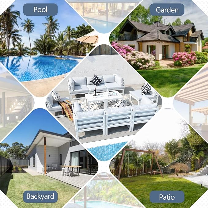 RADIATA 8 Seat Oversized Modern Aluminum Patio Furniture Set, Weather Resistant Modular Sectional Sofa with Coffee Table, 500 lbs Heavy Duty Comfortable Outdoor Couch for Exterior Backyard Deck, White