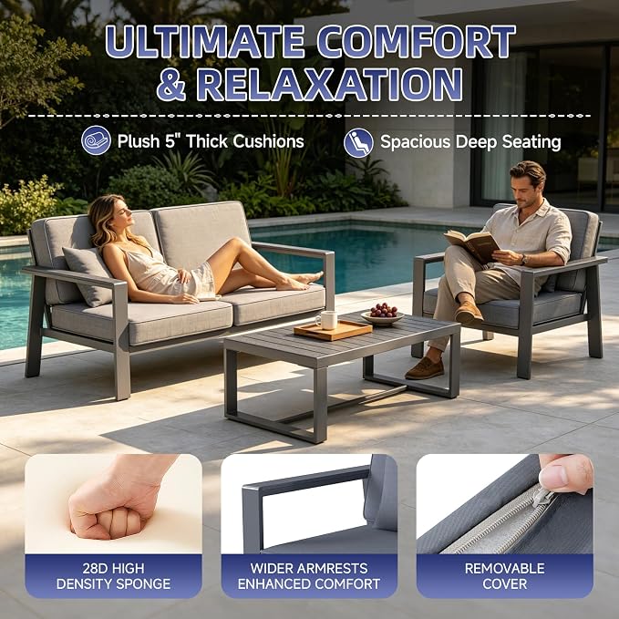 Premium Aluminum Patio Furniture Set 4 Piece,Outdoor Conversation Set with Wide Armrest,5" Thick Cushions, Olefin Fabric,Rustproof Metal Frame,Deep Seating Patio Sofa Set for Backyard,Deck,villa,Gray