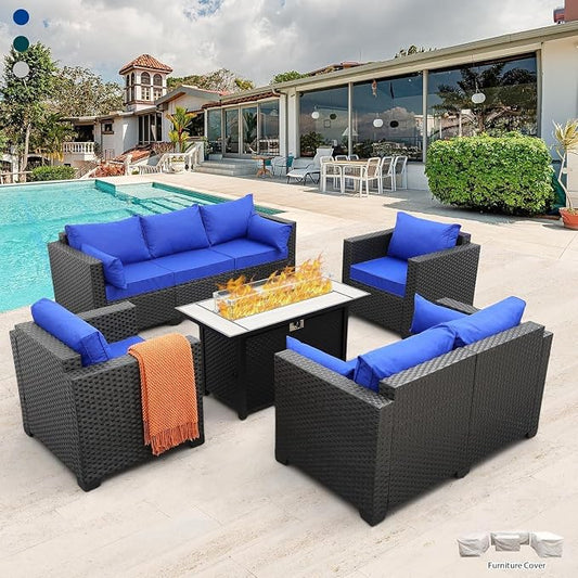 5-Piece Outdoor Patio Furniture Set with 45-Inch Steel 60000 BTU Propane Fire Pit Table, Patio Couch, Chairs, Non-Slip Cushions, Waterproof Covers for Backyard, Garden, and Outdoor Lounge Areas(Blue)