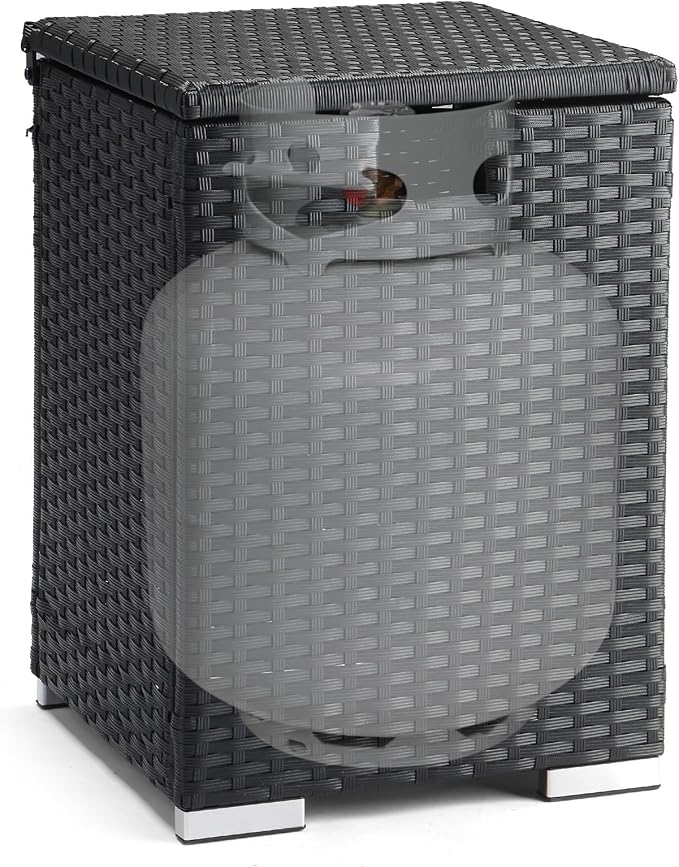 22.4in Outdoor Rattan Side Tables,Iron Frame Gas Bottle Storage Bin,Waterproof Patio Coffee Side Tables,All-Weather PE Wicker End Table,with Lid,for Garden Porch Poolside Deck Backyard (Black)