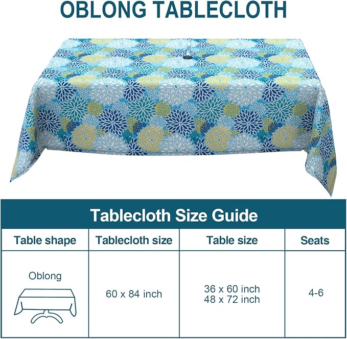 DYTXIII Outdoor Rectangle Tablecloth with Umbrella Hole and Zipper 84" x 60", Water Repellent Floral Picnic Cover, Fade & Wrinkle Resistant Tablecloth for Patio/Garden/Party Table, Dahlia Blue