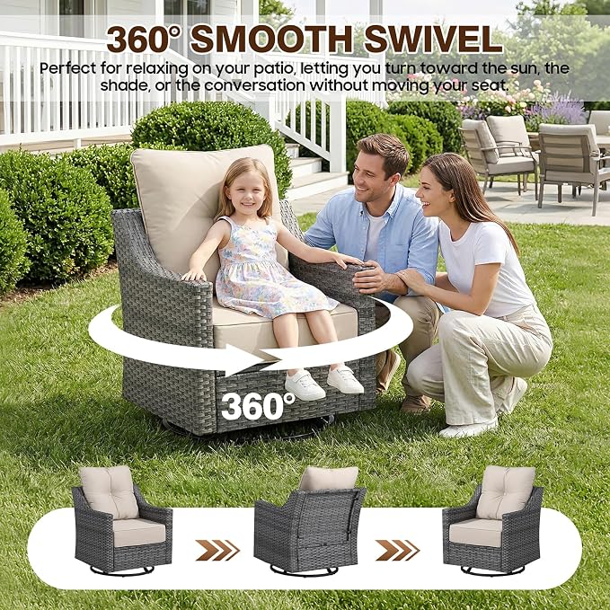 6 Piece Patio Furniture Set,360°Swivel Glider Patio Chairs Set of 2, 2 Sofas, 2 Ottomans,Comfortable Seating with 6 Inch Thick Cushions, All-Weather Wicker Patio Set For Porch Deck Balcony Garden
