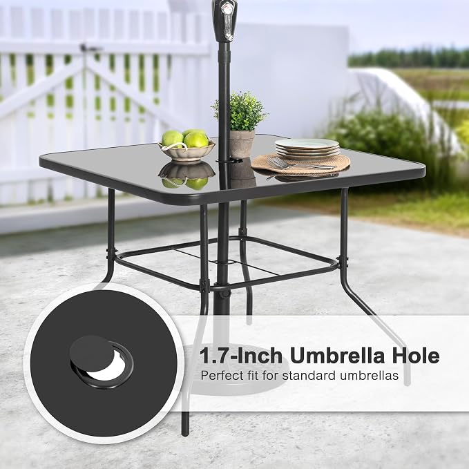 NUU GARDEN 31.5'' Square Outdoor Table, Patio Table with Umbrella Hole, Patio Dining Table with Tempered Glass, Outdoor Dining Tables, Square Patio Table for Balcony, Backyard, Poolside,Black