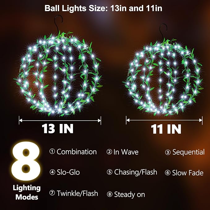 Joomer Solar Ball Lights Outdoor, 2-Pack 13in & 11in Total 264 LED, White | Solar Powered Hanging Globe Metal Sphere Lights, 8 Modes Waterproof with Hooks for Patio Garden Gazebo Decorative Tree Decor