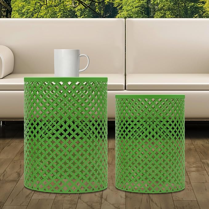 Side Table Set of 2, Iron Side Table 14.6x19.3In & 12.6x16.5In, Metal Accent Table with Openwork Flower Pattern, Cylindrical Freestanding Outdoor End Table for Patio Garden Living Room (Green)