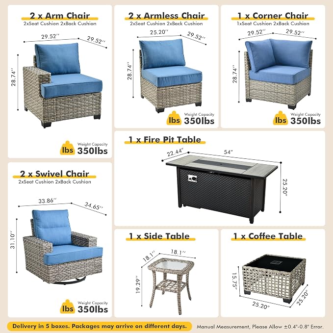10 Pcs Outdoor Sectional Patio Furniture Set with Fire Pit Table and Swivel Rocking Chairs - All Weather Wicker Modular Outside Sectional Couch,Patio Seating Outdoor Conversation Sets,Blue