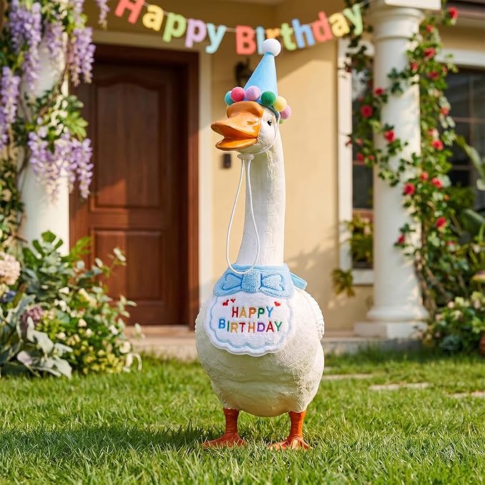 Jmkcoz Birthday Porch Goose Outfits Lawn Goose Statue Costume with Party Hat Bandana for 23" 17" Cement Plastic Statue Patio Yard Garden Outdoor Decor (Blue)