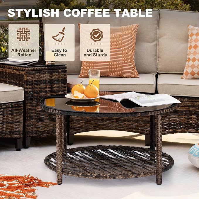MEISSALIVVE 11-Piece Half-Moon Curved Outdoor Patio Furniture Set, Sectional Conversation Sofa with Wood Armrests, Coffee & Side Tables for Backyard Deck Garden, Beige