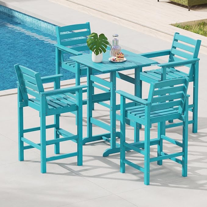Tangkula 30" x 30" Square Bar Table, Patio HDPE Bar Height Dining Table w/Slatted Tabletop, Outdoor All-Weather High-Top Bistro Table for Poolside, Backyard, Balcony (Turquoise)