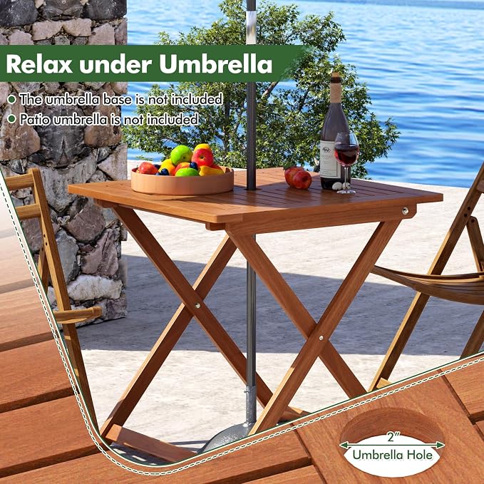 Byroce Outdoor Patio Table, 29.5” x 29.5” Folding Bistro Table with Slatted Tabletop & 2” Umbrella Hole, Solid Wood Outdoor Dining Table, Portable for Backyard, Poolside & Balcony (1, Square)