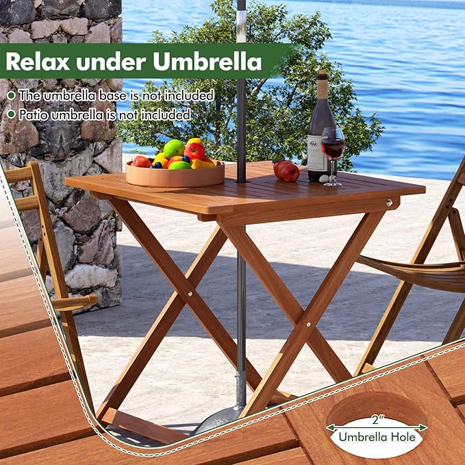 Folding Outdoor Dining Table, Solid Wood Bistro Tables with 2" Umbrella Hole, Square Foldable Patio Table for Porch Balcony Deck Garden Yard, Teak Oil Finish