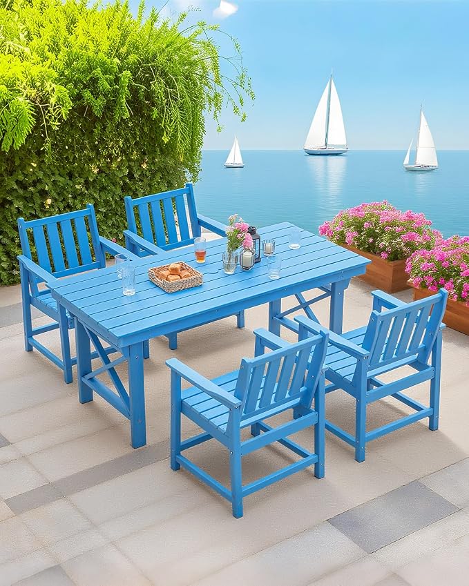 5-Piece Patio Table Set, Outdoor HDPE Dining Furniture Set with Umbrella Hole All Weather Table and 4 Chairs for Lawn, Garden, Poolside, Backyard, Blue