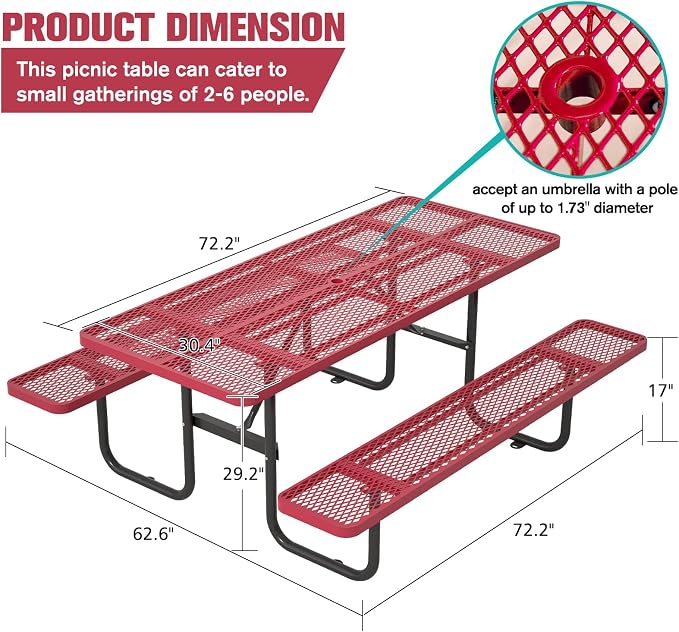 Picnic Tables for Outdoors with Umbrella Hole-Coated Steel Heavy Duty Commercial Grade Table with Seats,Commercial Metal Picnic Tables,Heavy Rectangular Furniture Set for a Lifetime (red)