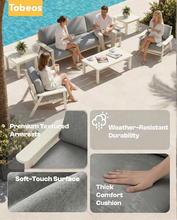 7 Piece HDPE Outdoor Furniture Set with Gray Cushions (White Frame) | All-Weather HDPE, Modular Design, Extra-Deep Seating, Thick Cushions, Ideal for Backyard, Deck & Porch