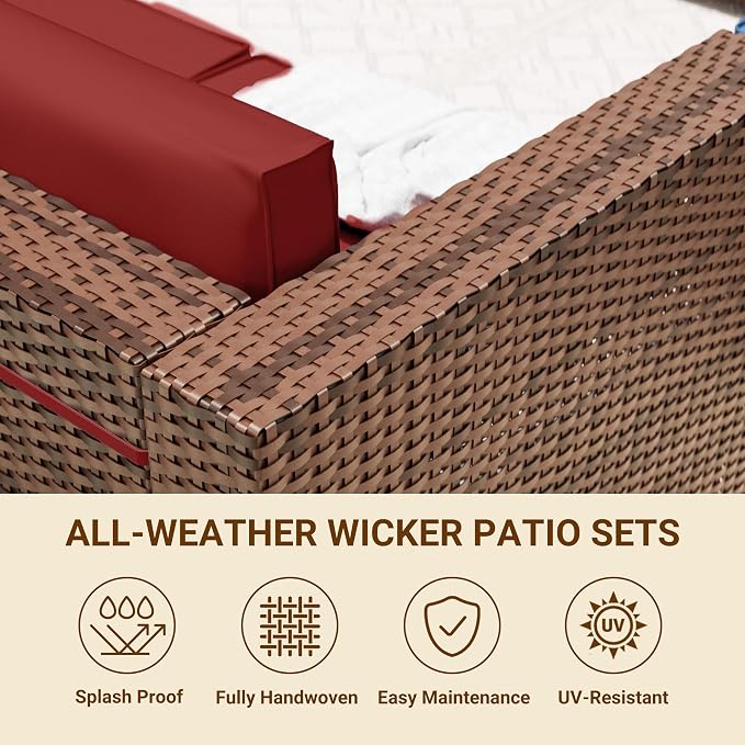 Patio Furniture Set with 44'' Propane Gas Firepit Table, 8 PCS Modular Outdoor Sectional Conversation Sets, All-Weather Wicker Patio Set for Backyard, Wine (Waterproof Covers Included)