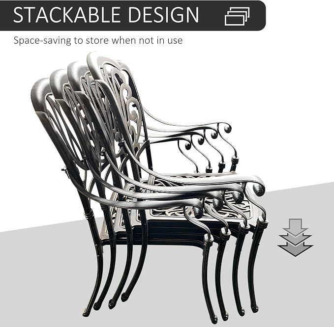 Outsunny 5 Pieces Outdoor Furniture Dining Set for 4, All-Weather Cast Aluminum Stackable Design Chairs and Round Patio Table with Umbrella Hole, for Backyard, Deck, Garden, Bronze