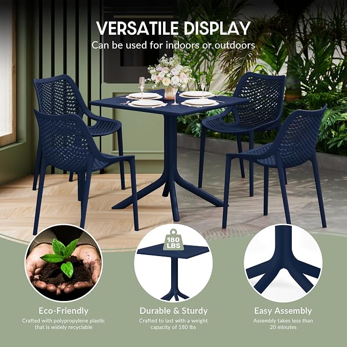 WestinTrends Playa 31.5" Square Plastic Outdoor Patio Dining Table for 4, Navy Blue
