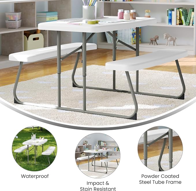 BizChair Easy-Fold Kids Outdoor Picnic Table and Benches - Commercial Grade Folding Plastic Play Table - Recommended for up to Age 5 - White