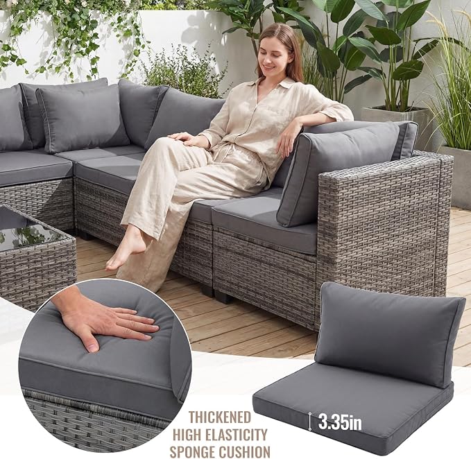 Loungewave 7 Pieces Outdoor Patio Furniture Set, Wicker Rattan Patio Conversation Set with Cushions & Coffee Table, All Weather PE Rattan Patio Sofa with Tea Table for Backyard Porch Garden (Grey)