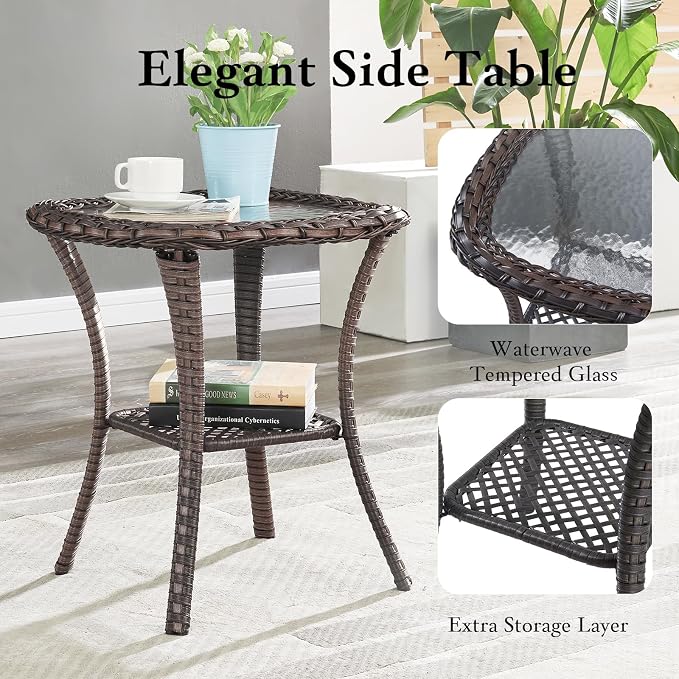Outdoor Side Table, Brown Rattan Wicker Patio Side Table, Patio End Table, Small Outdoor Side Table with Glass Tabletop and Storage Shelf (Brown)