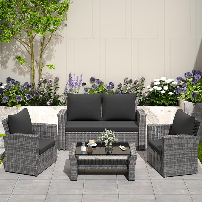 Solaste 4 Piece Outdoor Patio Furniture Set, Outdoor Sectional Sofa with Tempered Glass Coffee Table and Cushions, Wicker Rattan Patio Set for Backyard, Front Porch, Balcony, Black