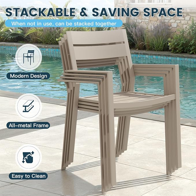 VICLLAX 7 Pieces Patio Outdoor Dining Set,Wrought Iron Metal Outdoor Table and Chairs Set,47" Round Table with Umbrella Hole and 6 Stackable Chairs for Lawn,Garden,Porch, Sandshell