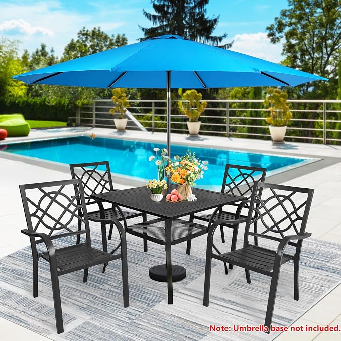 Incbruce 5 Piece Outdoor Dining Set Wrought Iron Patio Dining Set with Sky Blue Umbrella, Dining Furniture Set (4 Dining Chairs and 1 Square Table with 1.57" Umbrella Hole) - Metal Tabletop
