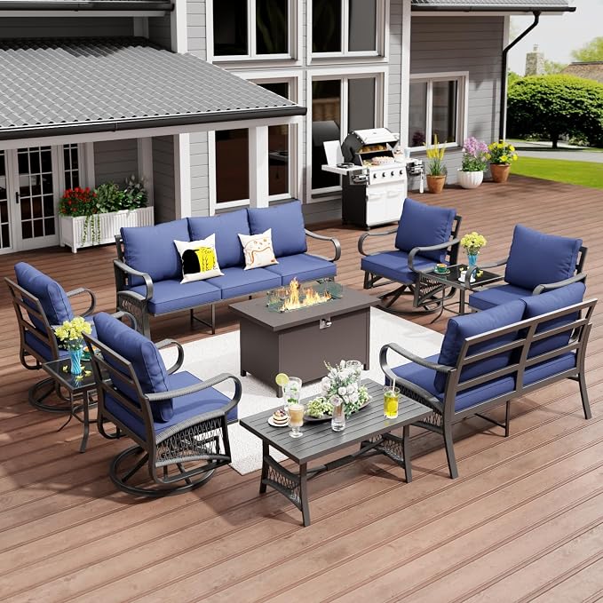 10 Piece Patio Furniture Set, All Weather Metal Outdoor Conversation Set with 50000 BTU Propane Fire Pit Table and 5" Thick Cushions, Sectional Sofa for Garden, Porch, Lawn, Blue