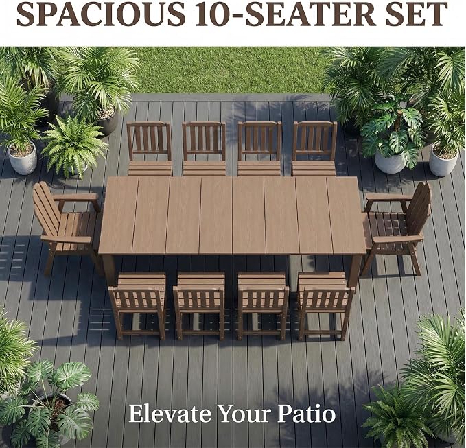 11 Piece Outdoor Dining Table for 10, HDPE Patio Furniture, Brown | 89.4” table,Large family 10 person dining set, mixed chair eco-friendly HDPE, heat and moisture resistant for outdoor dining