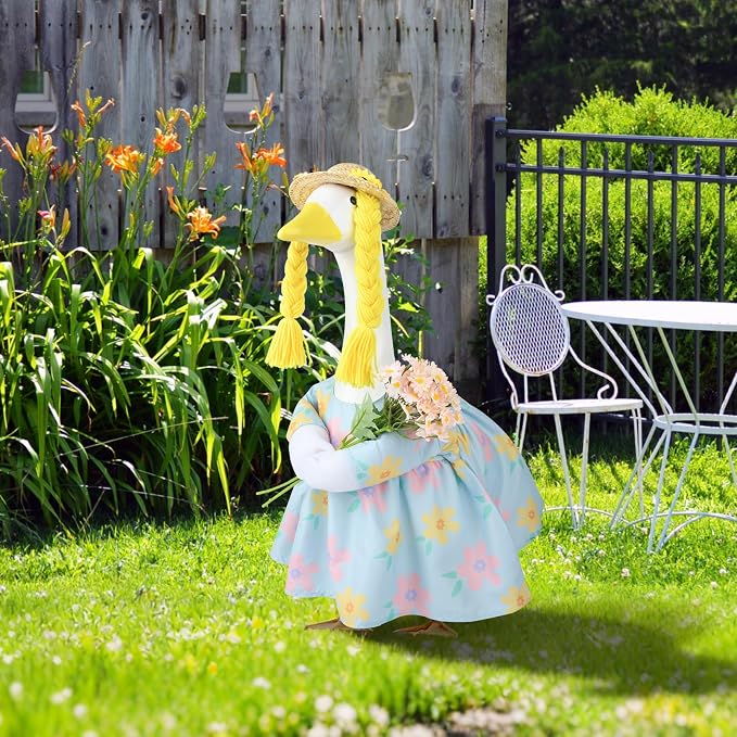 Spring Porch Goose Outfit, 23 Inch Floral Dress with Straw Hat and Braided Hair, Cute Goose Statue Clothes for Outdoor Lawn Garden Decor, Funny Farmhouse Porch Decoration