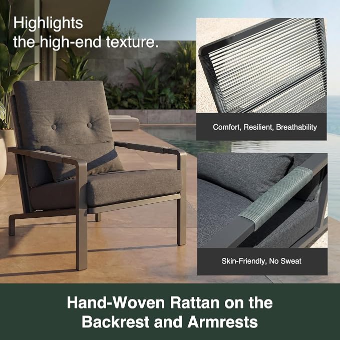 3-Piece Small Patio Set, Gray Aluminum Outdoor Furniture Set with Loveseat, 2 Chairs & Coffee Table, Metal Patio Conversation Set with Thick Cushions, Weather-Resistant
