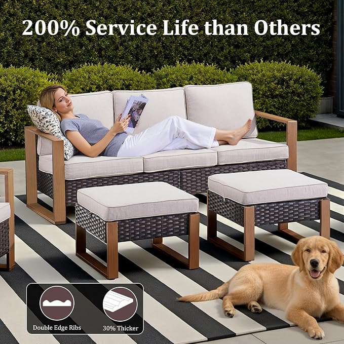 Patio Furniture Set with Fire Pit Table, 6-Piece Outdoor Wicker Sofa and Swivel Chairs, All-Weather Conversation Set for Backyard, Deck and Poolside Beige