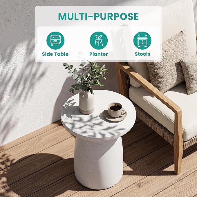 SUNBURY Outdoor Side Table, 22" H Concrete End Table Pebble Shaped, Lightweight Round Accent Table, Decorative Coffee Table, Garden Planter Stand for Patio, Porch, Living Room Decor, Spotted White