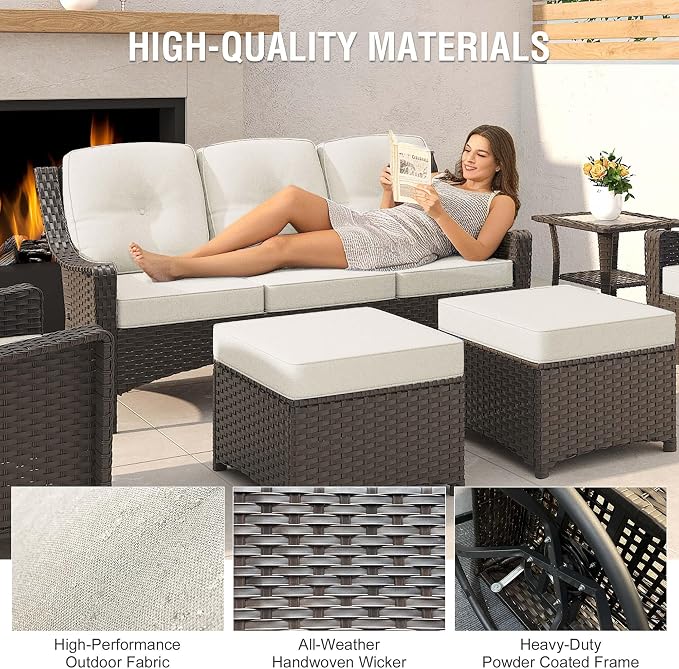 7-Piece Patio Furniture Set Includes Fire PitTable Outdoor Fumiture Combination Rattan Swivel ChairRattan Sofa with Coffee Table Suitable for Gardens,Patios,and Poolside (Beige)