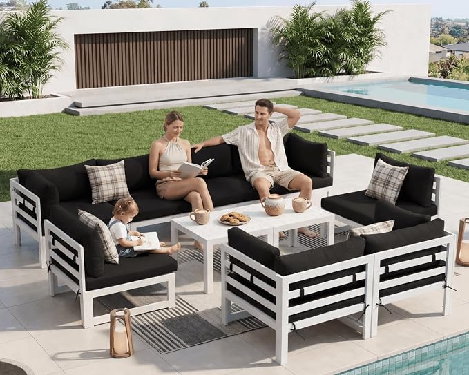 NICESOUL L Shaped Large Modern Aluminum Outdoor Patio Furniture Set, 29" Wide Deep Sitting, Rust Fade Resistant Modular Sectional Sofa, 500 lbs Sturdy Comfy Conversation Set for Backyard Lawn, Black