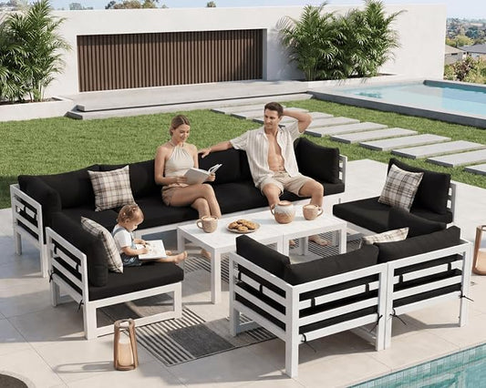 NICESOUL L Shaped Large Modern Aluminum Outdoor Patio Furniture Set, 29" Wide Deep Sitting, Rust Fade Resistant Modular Sectional Sofa, 500 lbs Sturdy Comfy Conversation Set for Backyard Lawn, Black