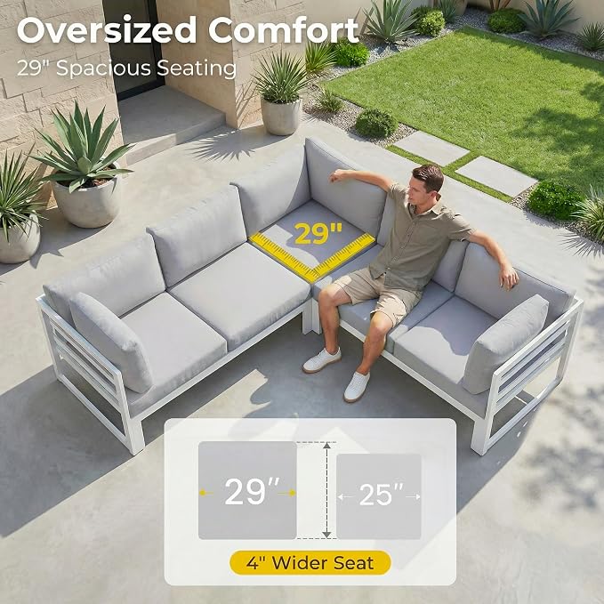 RADIATA 8 Person Modern Aluminum Outdoor Patio Furniture Set, 29 inch Wide Deep Seating, All-Weather Anti-Rust L Shaped Modular Sectional Couch, Large Comfy Conversation Set for Backyard Lawn, White