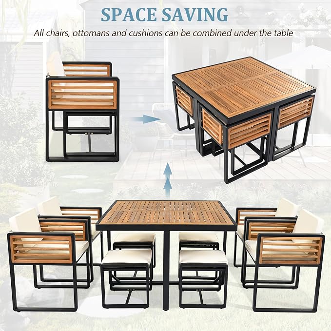 9-Piece Outdoor Patio Acacia Wood Dining Table Set, Square Table with 4 Cushioned Chairs& 4 Stools, All-Weather Resistant Conversation Set with Metal Frame, Space-Saving Design for 8 (Beige-1.8)