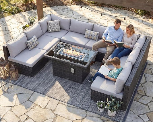RADIATA 9 Piece Wicker Patio Furniture Set with Fire Pit, All-Weather Outdoor Sectional Couch High Back Large Size, Modular Backyard Seating Sofa Set with Propane/Natural Gas Firepit Table, Light Grey