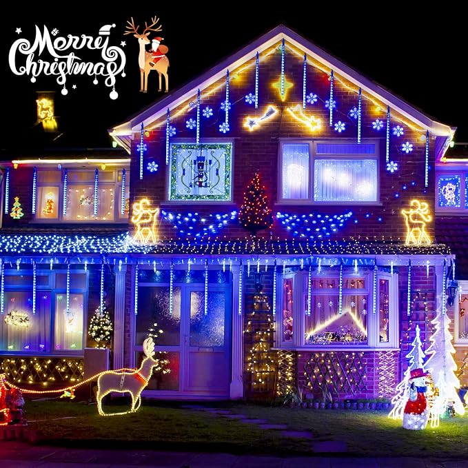 JMEXSUSS 2 Pack Blue Solar Meteor Shower Lights Outdoor Christmas Lights | Meteor Falling Rain Lights Cascading String Lights Waterproof for Tree Garden Party Christmas Decor, Total 16 Tubes 288 LED