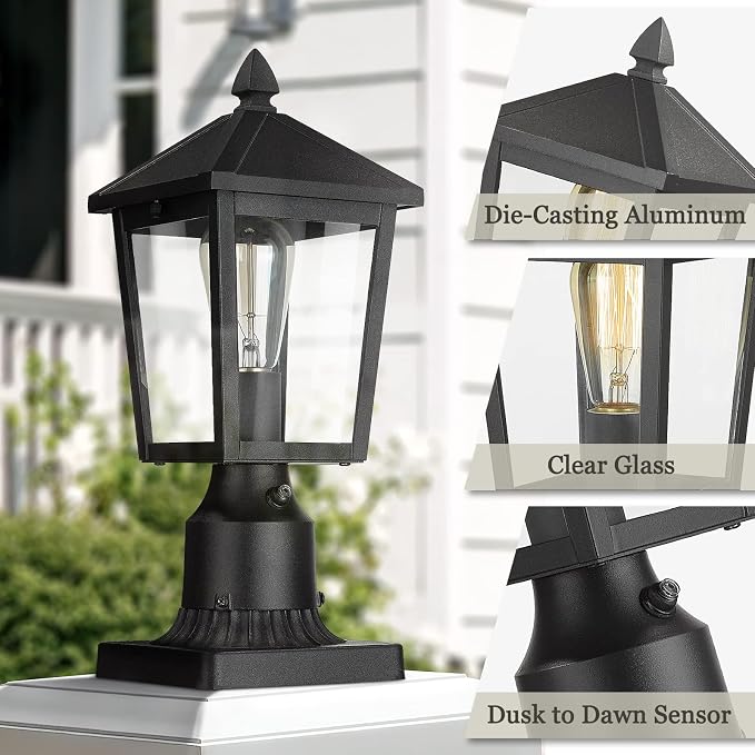 zeyu 2 Pack Dusk to Dawn Outdoor Post Lights, Industrial Pole Light for House Courtyard, Die-Cast Aluminum with Clear Glass, Black Finish, 20076PS-PC-2PK BK