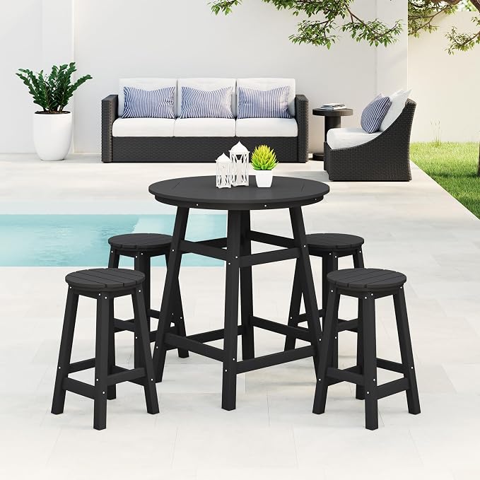Costaelm Patio Bistro Table, 37" Counter Height Round Patio Cocktail Bar Table with Umbrella Hole, Outdoor Bistro Dining Pub Table for Front Porch Deck Backyard Garden, Black