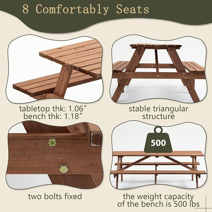 Brown 75" Rectangular Picnic Tables for Outdoors,8 Person Wooden Picnic Tables,Outdoor Camping Dining Tables with 2 Seats DIY with 2 Built-in Benches for Garden Courtyard BBQ