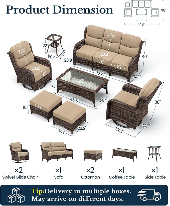 HILLGA Luxury Outdoor Patio Furniture Set with 6-Inch Thick Cushions, High Back Wicker Swivel Rocker Chairs, 7 Pcs All Weather Conversation Set for Large Deck, Yard and Poolside, Beige (V3)