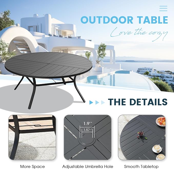 9 Pieces Patio Furniture Dining Set, 8 Textilene Swivel Dining Chairs, 60" Outdoor Round Metal Table with 1.57" Umbrella Hole, Outdoor Dining Set for Porch, Lawn, Garden, Black/Blue